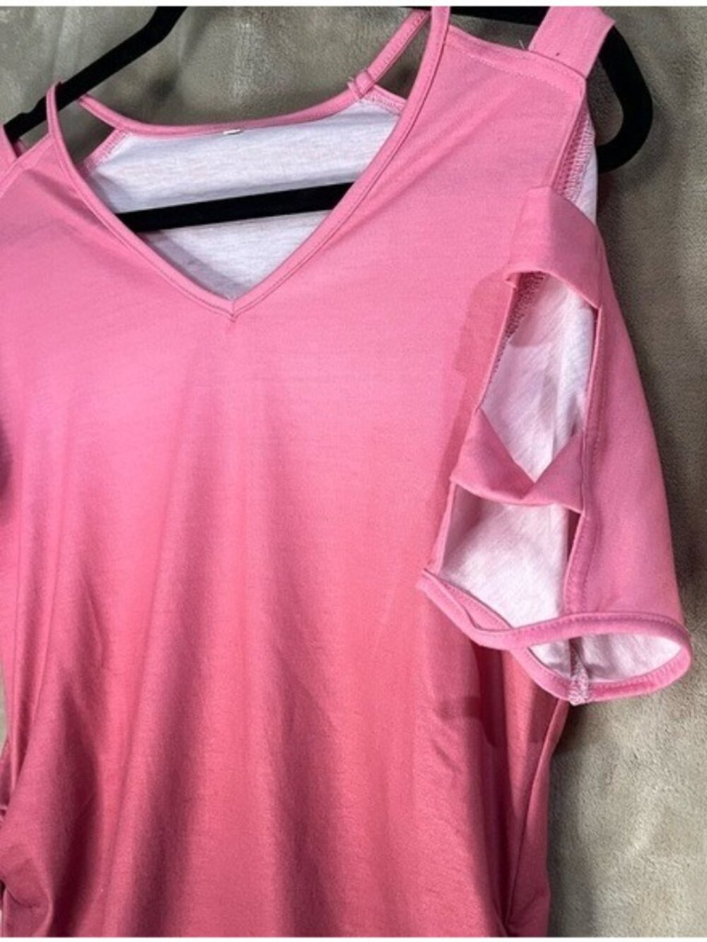 Women's V-Neck Pink Cutout Shoulder Shirt Ruched Side Seam Mauve Rose Tunic - Picture 11 of 16